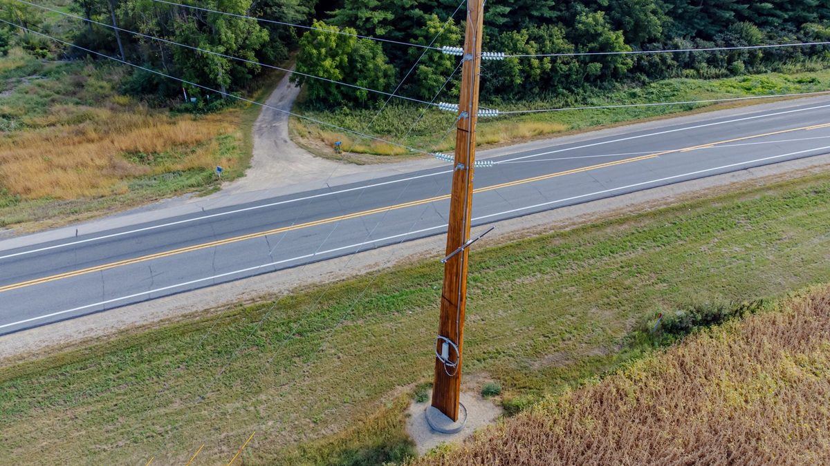 Power transmission lines, in an illustrative photo used on Headwaters Wire
